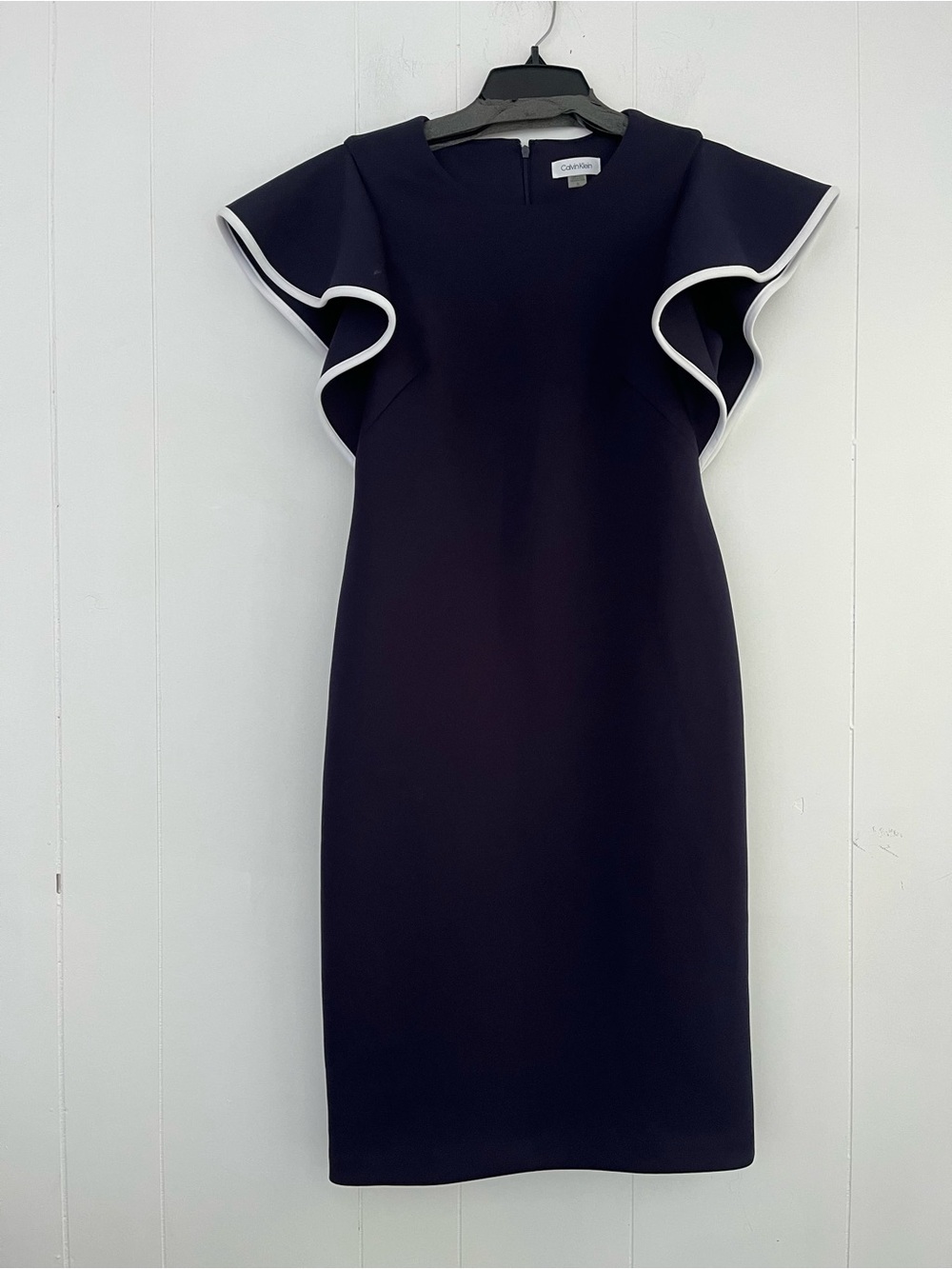 Calvin Klein Navy Blue Ruffle Sleeve Scuba Sheath Dress Size 10